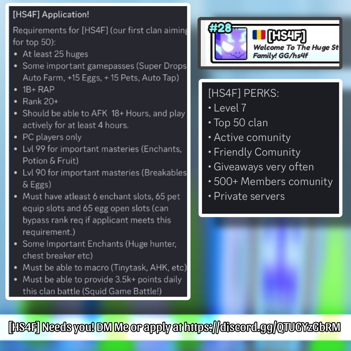 HS4Fclan's tweet photo. [HS4F] Clan is recruiting! 33 open spots, apply today at  https://t.co/ZKefqTIzu9

Giveaway! Theres a big giveaway coming in our discord server for clan members only!

 #ps99 #petsim99 #petsim #Giveaway #ROBLOX #petsimulator99 #petsimulator https://t.co/kk2qJ5zHnW