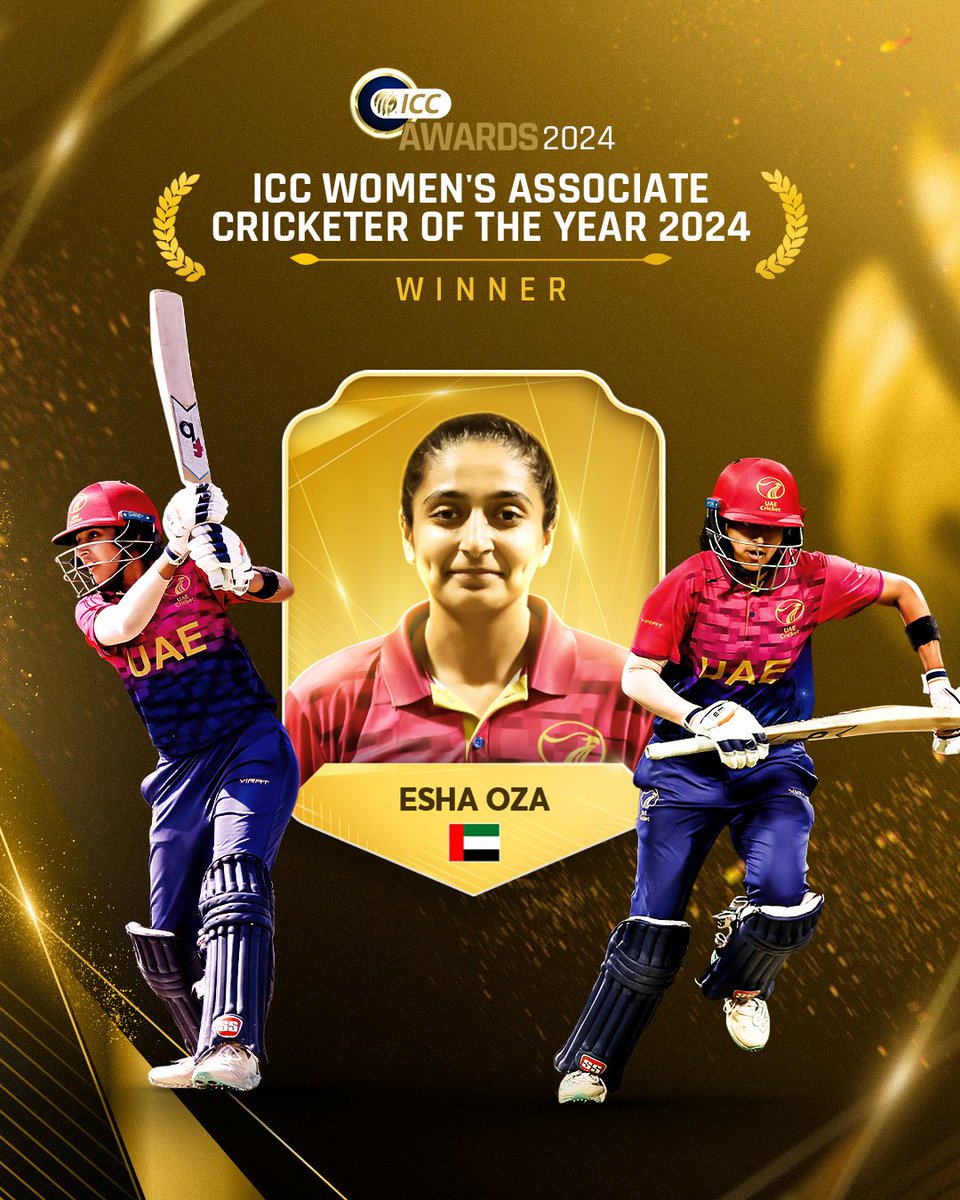 A dominant force throughout 2024, the United Arab Emirates’ all-action captain Esha Oza has been crowned ICC Women’s Associate Cricketer of the Year 👊