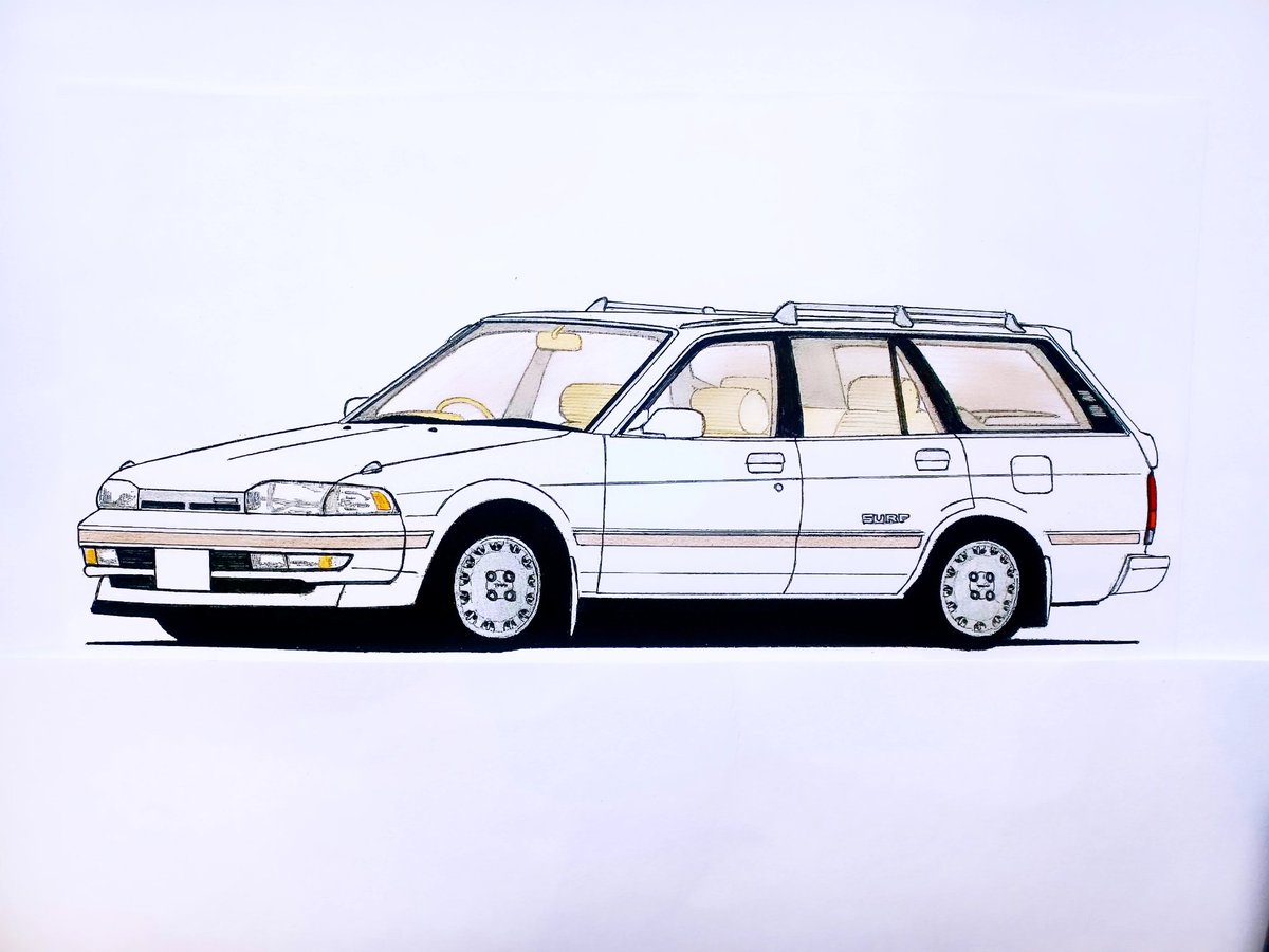 legendclio's tweet photo. 1990～92年式トヨタカリーナサーフ1800SXリミテッド後期型描いてみました！
ボディカラーはスーパーホワイトⅡで純正オプションのアルミホイール装着仕様です！ https://t.co/LyF5cETnn0
