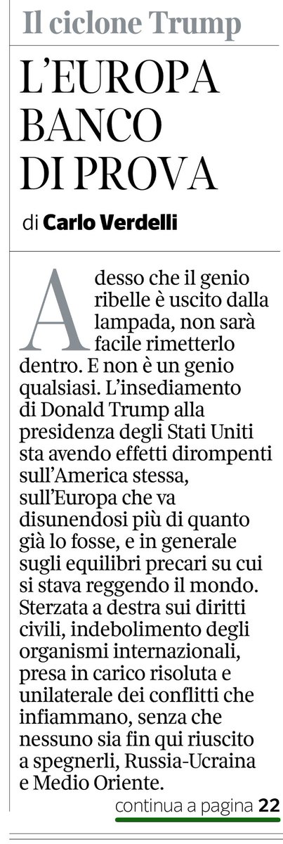 francofontana43's tweet photo. Riuscirà l’Europa a porre un argine al ciclone Trump?
La posta in gioco è quella di non abbandonare lo Stato di Diritto evitando di regredire allo legge di Natura in cui a comandare sia la legge del più forte (e del più ricco)
La riflessione di @CarloVerdelli sul @Corriere https://t.co/hyQQehLLN8