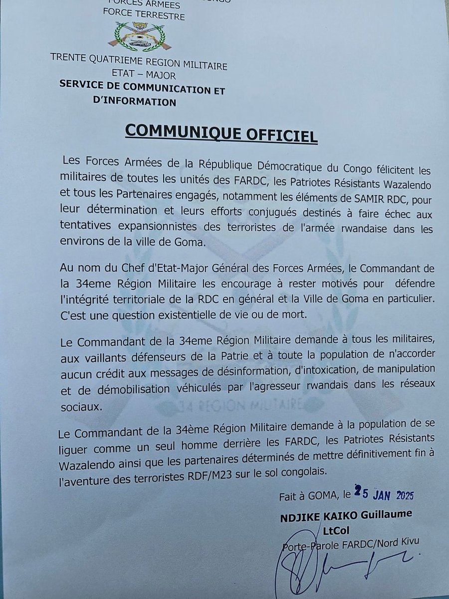 kivuarticle's tweet photo. Les FARDC Nord-Kivu rassurent la population et t encouragent les leurs qui sont engagés au Front : le communiqué : https://t.co/2eBl6kSGYJ