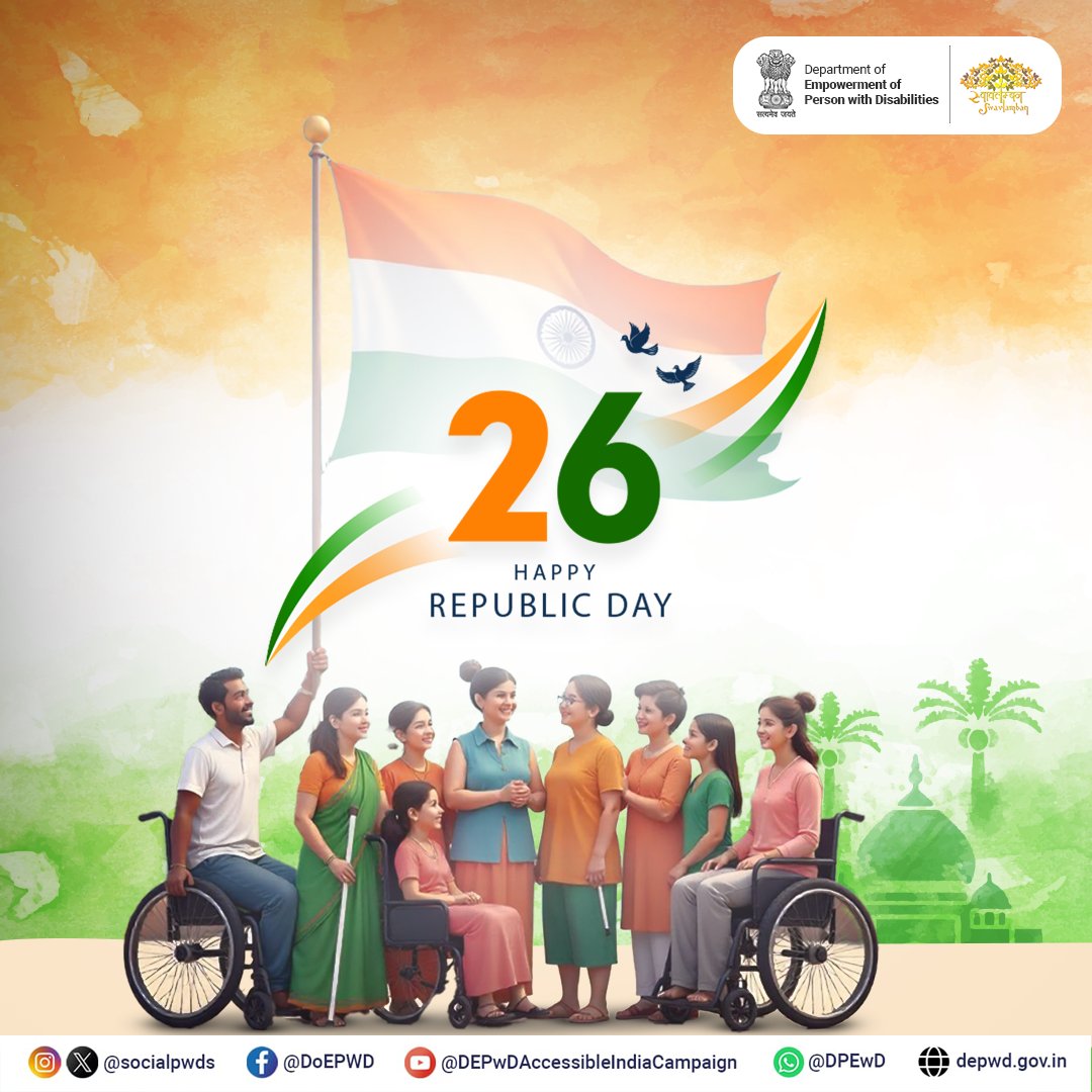 On this Republic Day, let's celebrate the spirit of the Indian Constitution – a beacon of justice, equality, and inclusivity for all. 🇮🇳

DEPwD wishes everyone a Happy Republic Day, reaffirming our commitment to an accessible and empowered India for persons with disabilities.