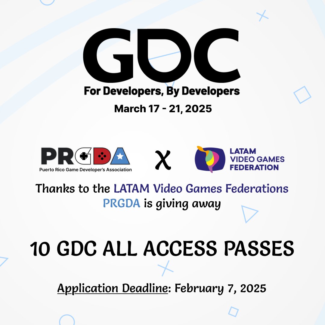 Puerto Rico Game Developers Association (PRGDA) (@prgamedevs) on Twitter photo Thanks to the <a href="/latamVGF/">Latam Videogames Federation</a>, the #PRGDA GDC Scholarship is here for 2025! We're giving 10 GDC All-Access Passes to our local Puerto Rican community. ✨
For info on eligibility and how to apply: prgda.net/opportunities/…
Application Deadline: February 7, 2025 Thanks to the <a href="/latamVGF/">Latam Videogames Federation</a>, the #PRGDA GDC Scholarship is here for 2025! We're giving 10 GDC All-Access Passes to our local Puerto Rican community. ✨
For info on eligibility and how to apply: prgda.net/opportunities/…
Application Deadline: February 7, 2025