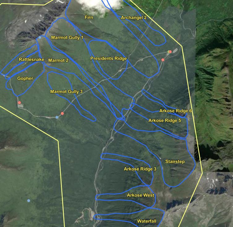 AlaskaDOTPF's tweet photo. 🏔️ 🏔️ #HatcherPass #Avalanche Update 1/25/25 We have moved the location of the Palmer-Fishhook/Hatcher Pass closure to about mile post 10.8, just past the entrance to Skeetawk ski area. Access to Skeetawk will not be impacted. Updates will be posted on the 511 system. https://t.co/j8WTKK2h7J
While you are stuck inside, check out the website where the photo below was screenshot. Explore all things avalanche in the Alaska. This page shows the names of the avalanche chutes in Hatcher Pass and their possible pathways. So much information! Enjoy! 🤓 #KeepAlaskaMoving