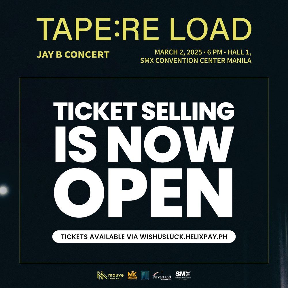 wishusluckent's tweet photo. The ticket selling for 2025 JAYB CONCERT [TAPE: RELOAD] IN MANILA is now officially OPEN! 

Get your tickets now on https://t.co/cH26HjwzUL

We wish everyone good luck in securing your desired seats, and let us know if you already got yours! 

See you there, Ahgases! 💚🌴

#JAYB
#TAPERELOADINMANILA
#MAUVE #NUMBERK #WishUsLuckPH #NEVERLAND_ENT