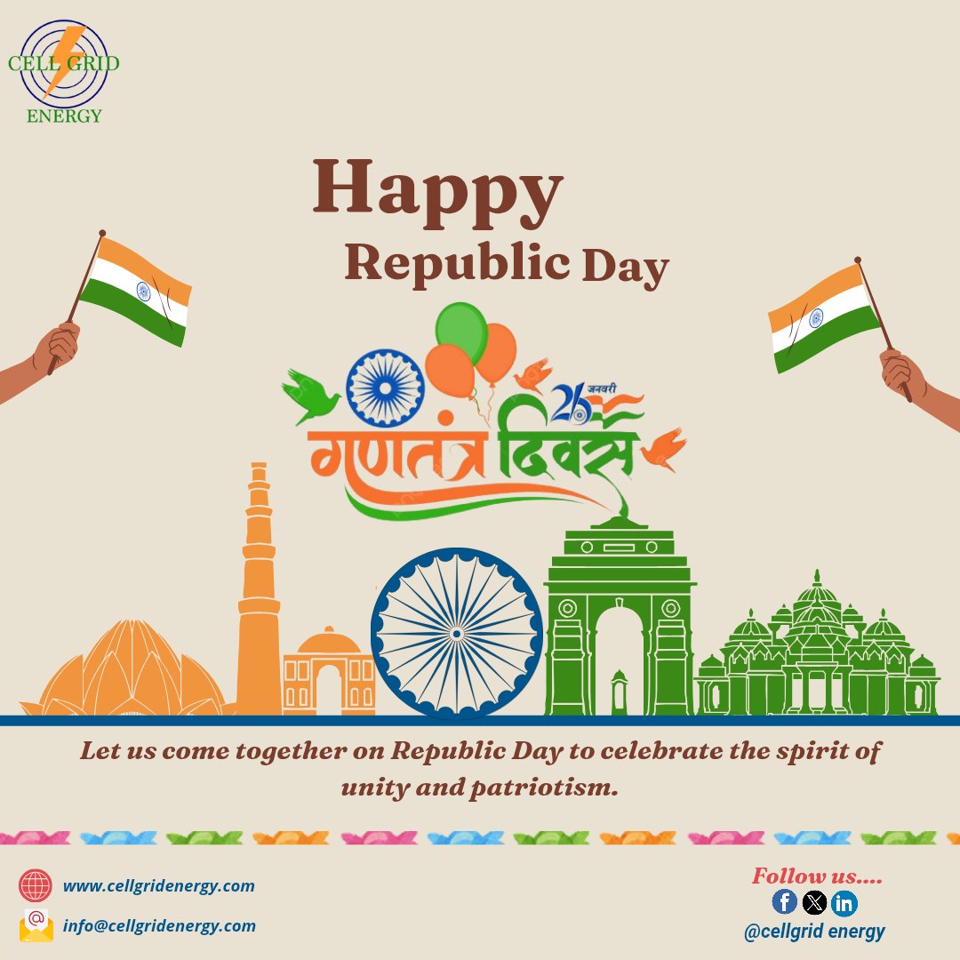 Cell_Grid's tweet image. Happy Republic Day! Let's celebrate the unity, diversity, and strength of our great nation.
#गणतंत्र_दिवस_की_शुभकामनाएं
#HappyRepublicDay 
#RepublicDay