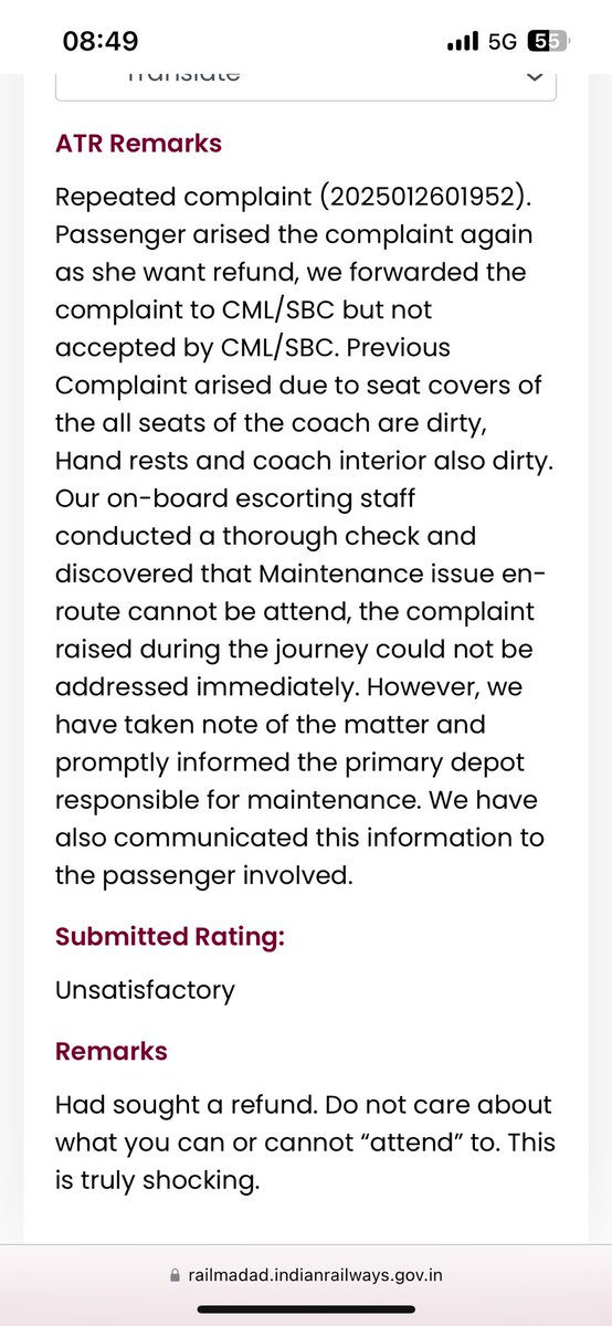 Meggg_B's tweet photo. @RailwaySeva @drmsbc @AshwiniVaishnaw, @drmsbc @IRCTCofficial - shocking ticket closure to a complaint seeking a rightful refund for 0 hygiene and my not touching Shatabdi’s food in such a disgusting coach. Forced into thinking wht “change in Indian railways” ppl are on about! #thanksfornothing https://t.co/0ikL5HFWuF