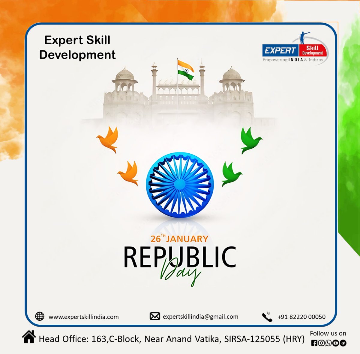 This Republic Day, let's honor our nation by empowering lives and building skills for a brighter future. Together, we uphold the values of equality, progress, and unity.🤝🎯🎉

Expert Skill Development wishes you a ✨Happy Republic Day!🇮🇳
#EmpoweringIndia #ExpertSkillDevelopment
