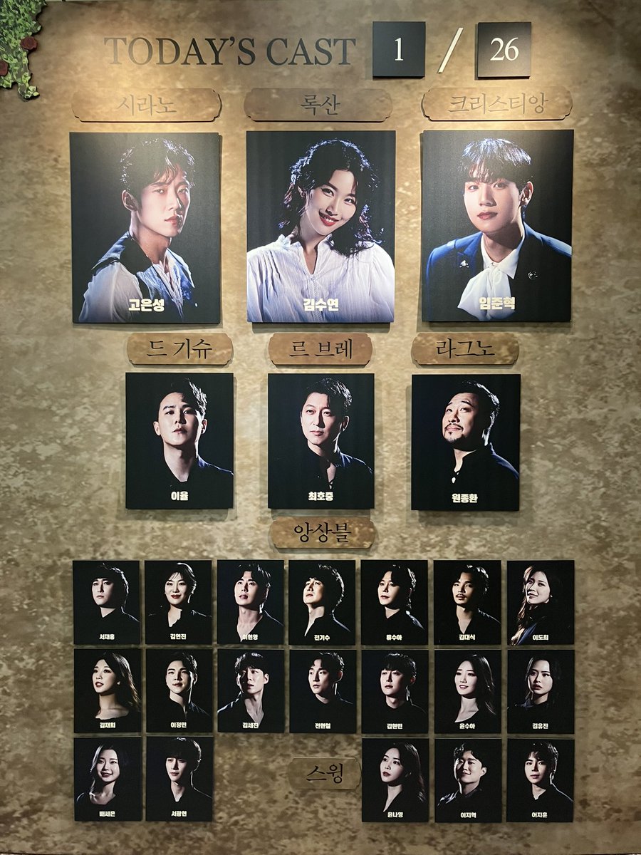 ✨시라노✨ 자첫
2025.01.26

시라노 | 고은성
록산 | 김수연
크리스티앙 | 임준혁
드 기슈 | 이율
르 브레 | 최호중
라그노 | 원종환