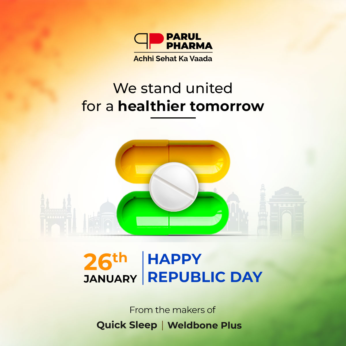 parulpharma's tweet photo. On this Republic Day, we honor the strength and unity of our great nation. At Parul Pharma, we're committed to ensuring a healthier, happier India for generations to come. Let’s continue to grow stronger together. Jai Hind! https://t.co/oFh35bJ27H