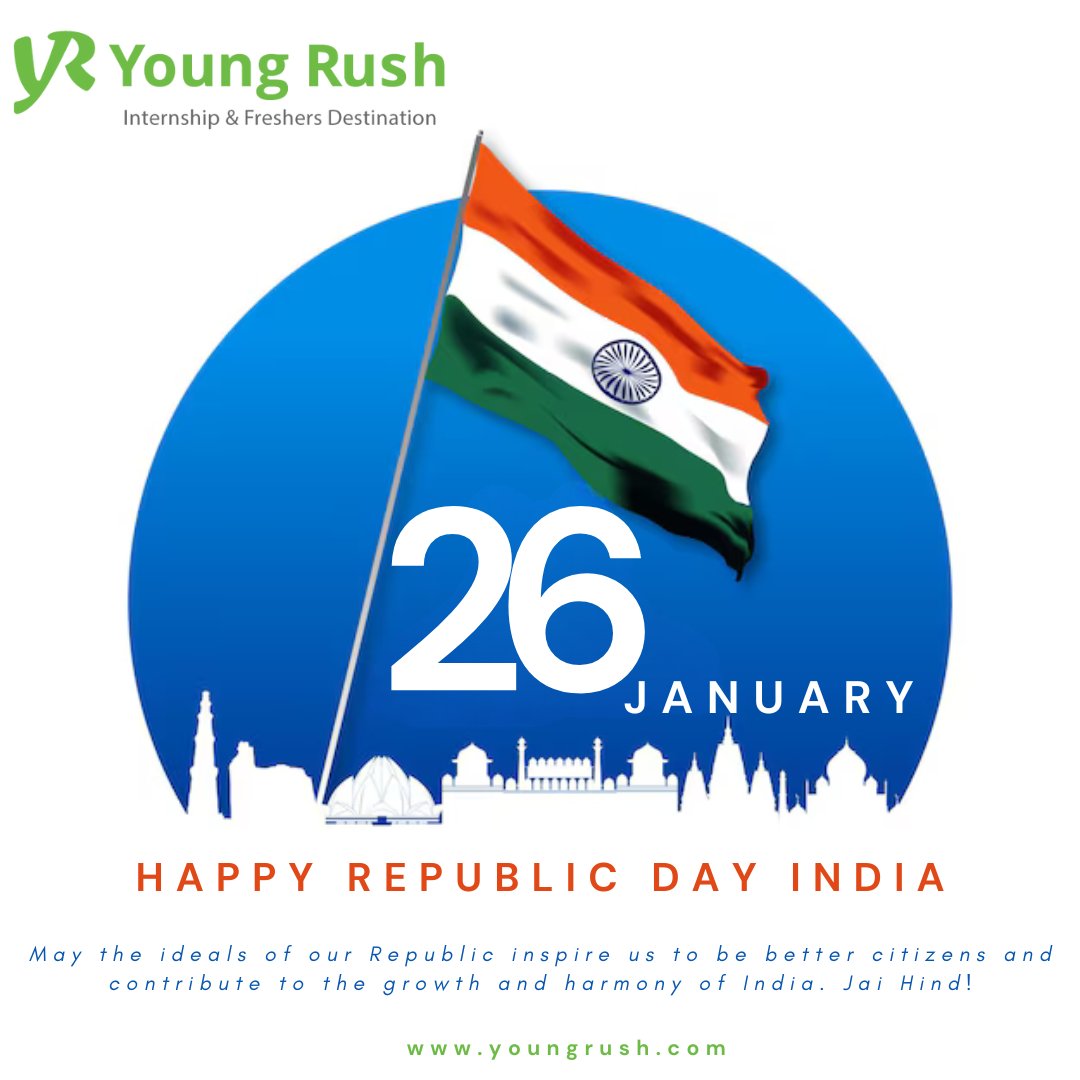 youngrushindia's tweet photo. YoungRush wishes you all a very HAPPY REPUBLIC DAY.

Let's pledge to uphold the ideals of our Constitution and contribute to the progress and prosperity of our beloved nation. 

#youngrushindia #recruitment #opportunity #hiring #internship

For more visit https://t.co/trzmfmPSNS https://t.co/EuVFc2un5T