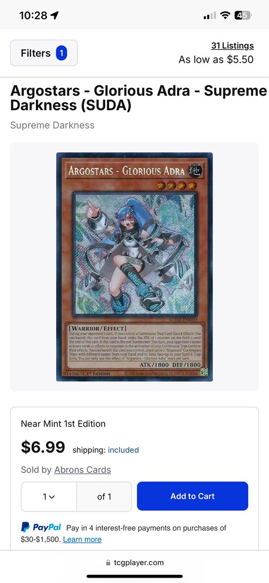TopTierYugioh's tweet photo. Surprising to see this is one of the few SUDA cards to actually recover some of its initial value. Is anyone actually planning to play Argostars or even expecting them to be playable? https://t.co/FzF5jV0eNF