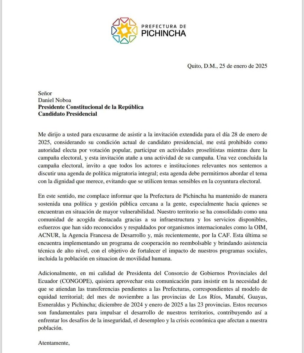 🔴 #ATENCIÓN | La prefecta de Pichincha, Paola Pabón, se excusó de asistir a la invitación del presidente-candidato Daniel Noboa, argumentando que, como autoridad electa, no puede participar en actividades proselitistas durante la campaña. Manifestó su disposición a dialogar