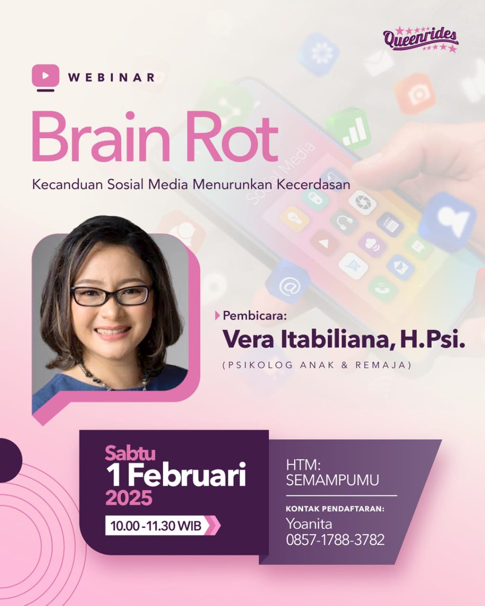 "Brain Rot" adalah terminologi untuk kecerdasan yang menurun karena kebanyakan nonton konten receh di sosmed.

Bagaimana mencegah brain rot pada anak-anak? Ngga sesederhana mengurangi jam sosmed.

Webinar dengan Psikolog Anak dan Remaja, daftar ke bit.ly/BrainRotBikinK…