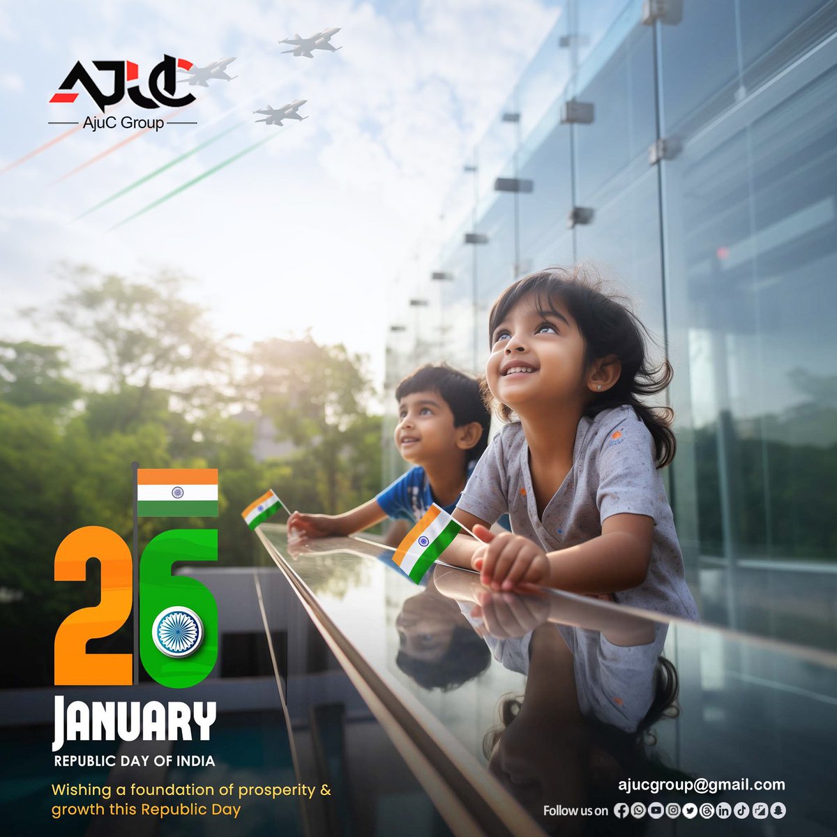 Wishing you a celebrate 75 glorious years of being republic day filled with pride, peace, and prosperity.
                  " JAI HIND ! "

#ajucgroup #happyrepublicday2025 #india #post #viral #wishes