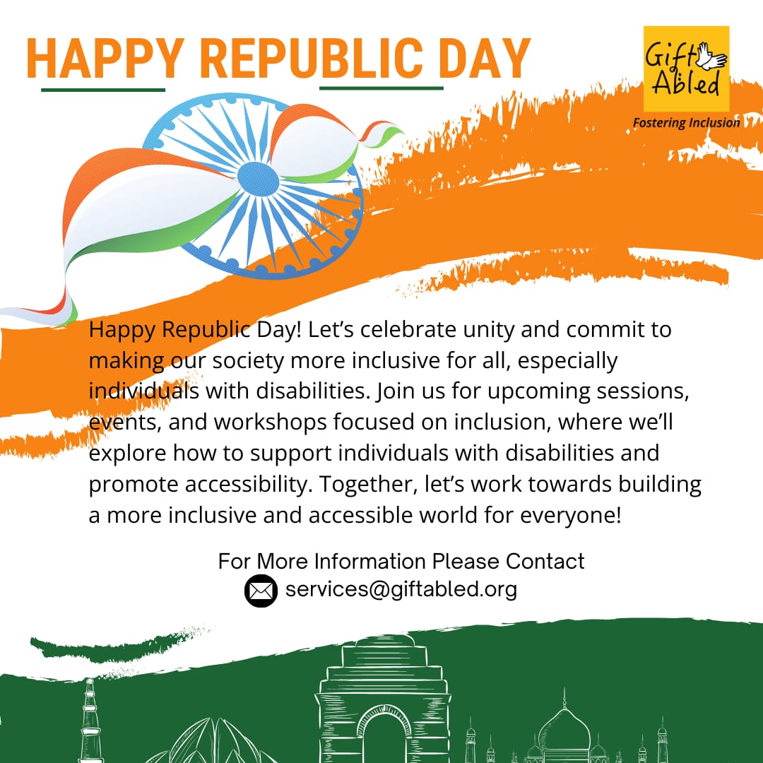 #HappyRepublicDay
This Republic Day, let's pledge to create a more inclusive society for all, especially individuals with disabilities. Together, we can build a world where everyone has equal opportunities.
#GiftAbled  #InclusionForAll #DisabilityAwareness #AccessibleIndia