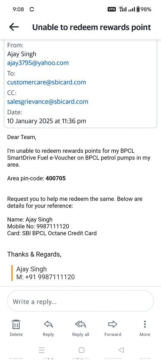 ajay3795's tweet photo. @RBI: Unable to redeem my BPCL smart drive fuel e-Voucher earned from SBI BPCL fuel Octane Credit Card. 
@SBICard_Connect: Your grievance team has closed the ticket without resolution.

None of the @BPCLimited
Petrol Pumps are accepting it. https://t.co/8geGAqNgzt