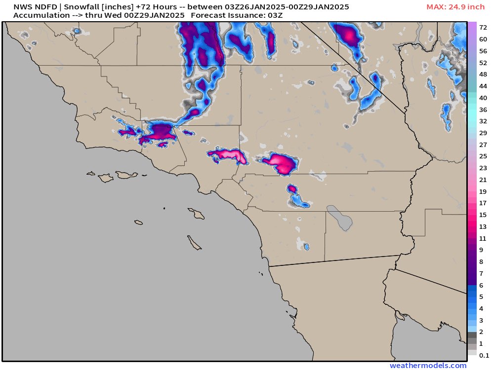 SoCalWXwatcher's tweet photo. It looks like what some of the high-res short range models are showing, with the idea that the East-West orientation of the Transverse ranges will do better than the North-South Peninsular ranges. But I agree, I would expect some better snow accumulations in higher elevations in SD County.