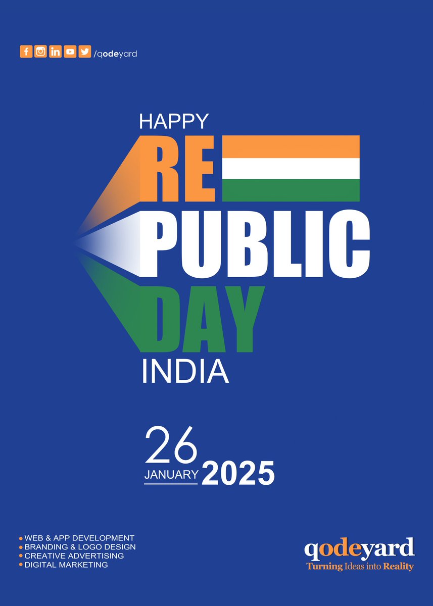 QodeYard's tweet photo. Let us honor the spirit of unity and pride this Republic Day! 🇮🇳✨ Celebrating 75 years of India's democracy and development. #RepublicDay2025 #IndiaPride #UnityInDiversity #Qodeyard #WebDevelopment #Branding #DigitalMarketing https://t.co/R8kxBlR27U