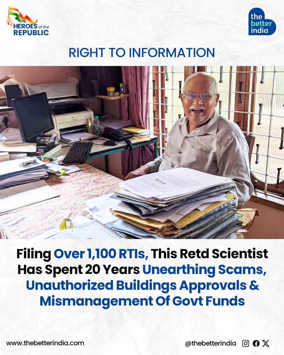 thebetterindia's tweet image. Imagine retiring after a distinguished career in IT, where you helped shape Bengaluru’s tech parks, and dedicating your post-retirement life to fighting corruption and misgovernance using one powerful tool: the RTI. 

#RTI #Corruption #GovernanceReform #BengaluruActivist