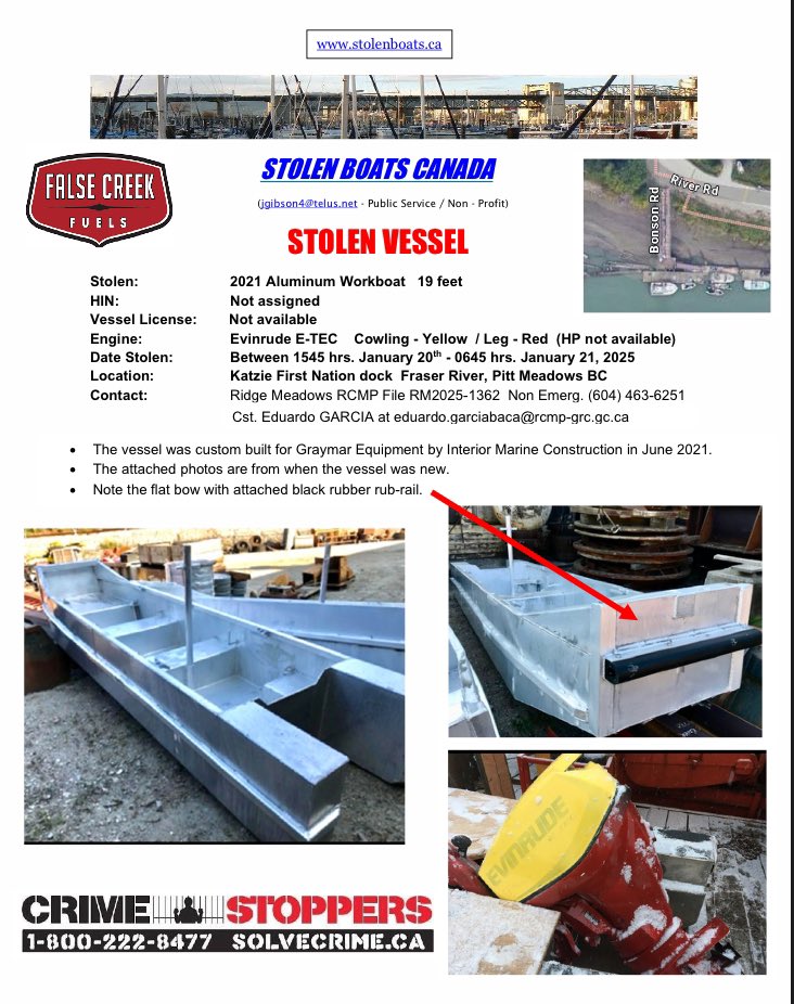 JamieJGibson4's tweet photo. https://t.co/rBOLAmnzKq Stolen Boats Canada
@RidgeRCMP @PortVancouver  @VPDMarineUnit  @SolveCrime  @harkentowing 
@cqrcmp https://t.co/EUNSeAxv3j