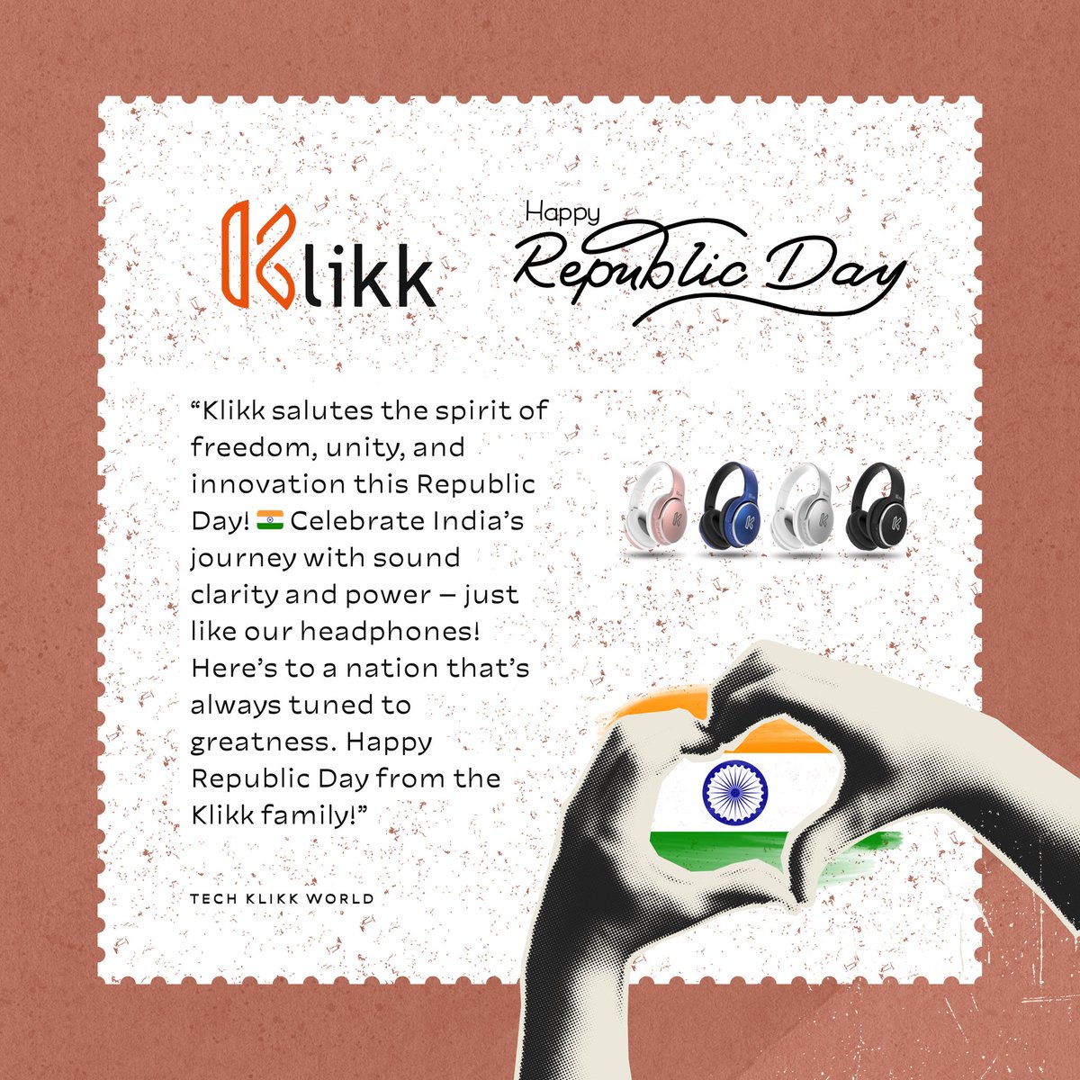 Celebrate the spirit of freedom and innovation this Republic Day with Klikk. Proudly tuned to greatness. 🇮🇳 Jai Hind 

#Klikk #TechKlikkWorld #HappyRepublicDay #India #Indians #HappyRepublicDayIndia #Bharat #GoWithKlikk #KlikkHeadphones
