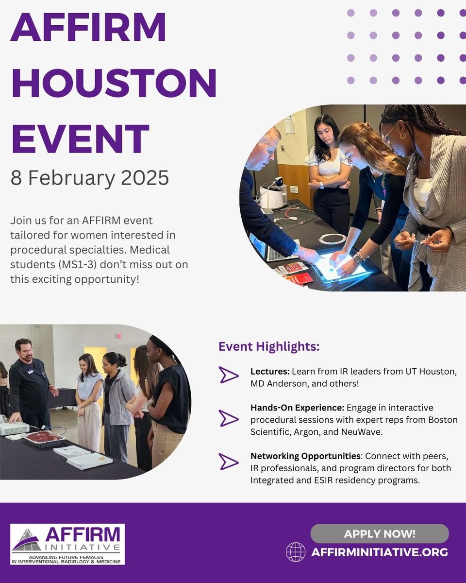 AffirmProgram's tweet image. Join us for the AFFIRM Houston Event—an incredible opportunity tailored for women medical students interested in procedural specialties! 💉✨

📅 Apply by January 31.
✉️ Details in bio or email affirmIR@gmail.com

#WomenInMedicine 🌟
