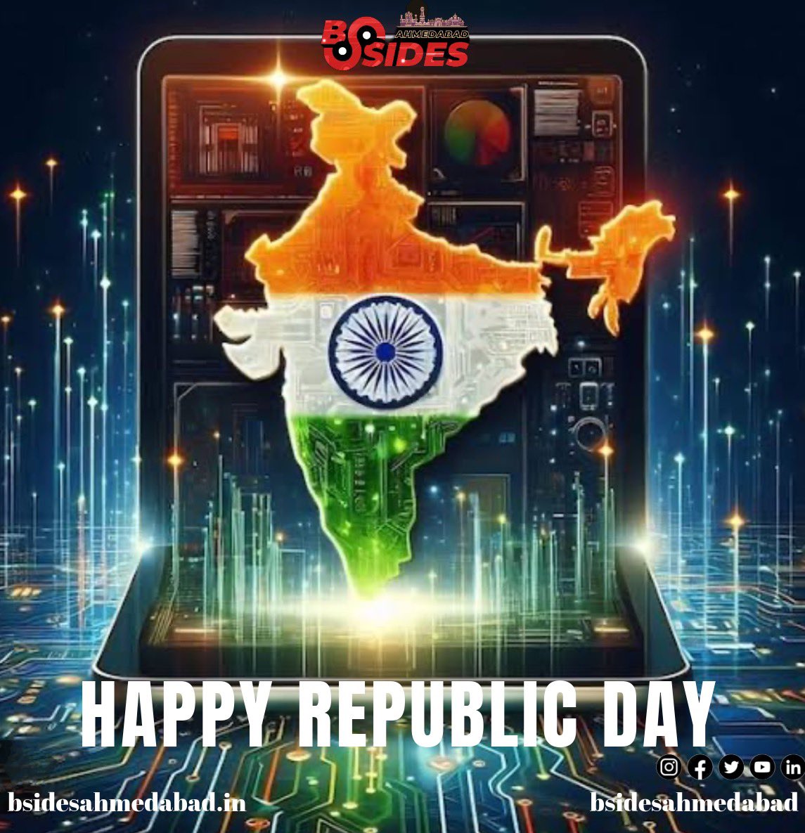 bsidesahmedabad's tweet photo. The BSides Ahmedabad team wishes you all a proud and joyous Republic Day! 🇮🇳🎉 Let’s celebrate the unity, diversity, and strength of our nation 🌍🤝, and keep pushing for progress in every step we take 🚀💡. Here’s to making India stronger, smarter, and more secure, together! 🔐💪 Happy Republic Day! 🎆🎇

#bsidesahmedabad #Happyrepublicday #infosec #cybersecurity #hackingforgood #cyberawareness #securityinnovation #ethicalhacking #techforchange #defendingtheweb  #secureindia