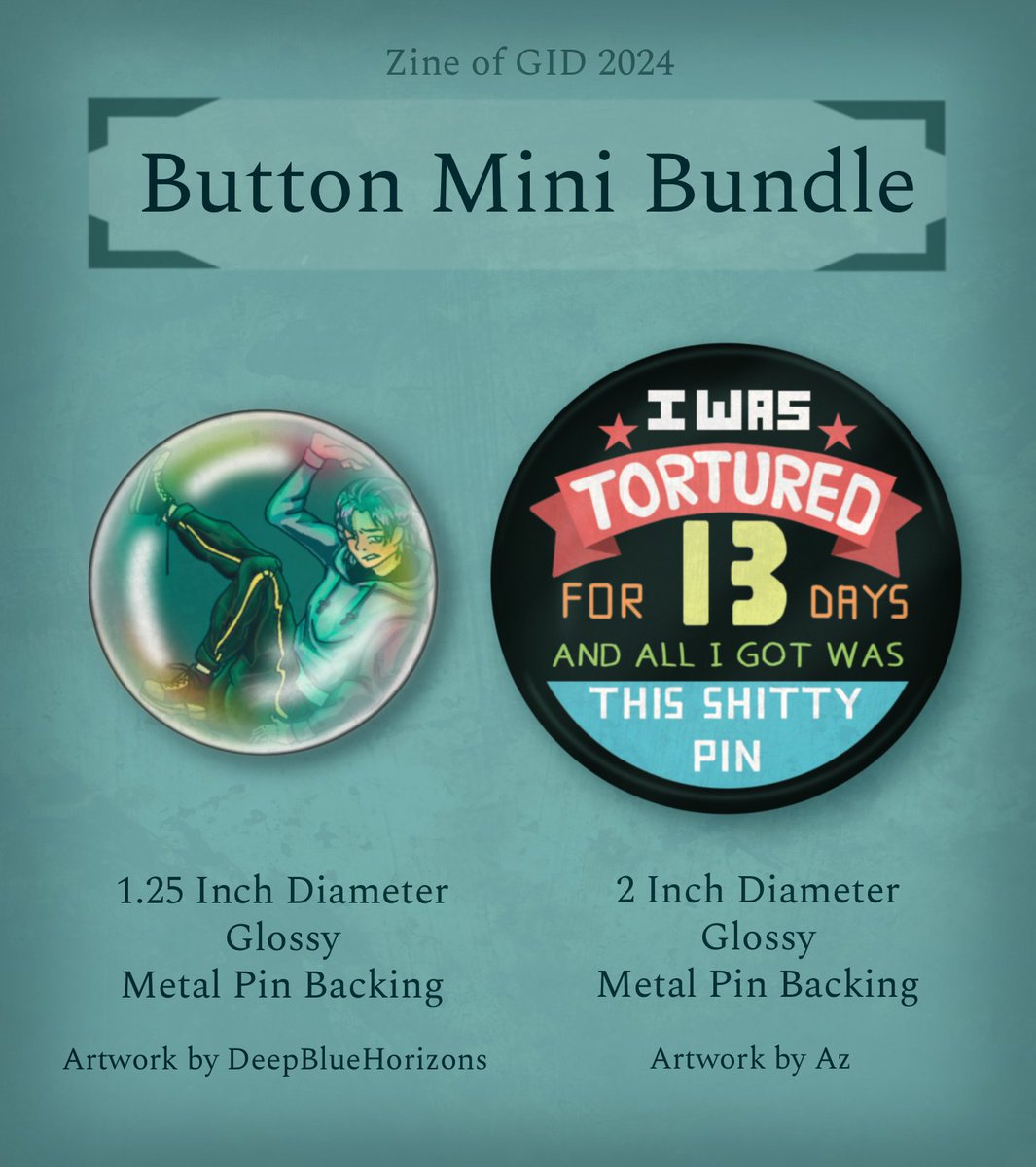 We know some of you have been eyeing the button pins on their own! You can get BOTH for $2 or just the Torture Souvenir Pin for $1. VERY LIMITED STOCK, so grab em now if you like them! And remember, our leftover sale closes 1/31
zineofgid.bigcartel.com/product/2024-b…
zineofgid.bigcartel.com/product/2024-s…