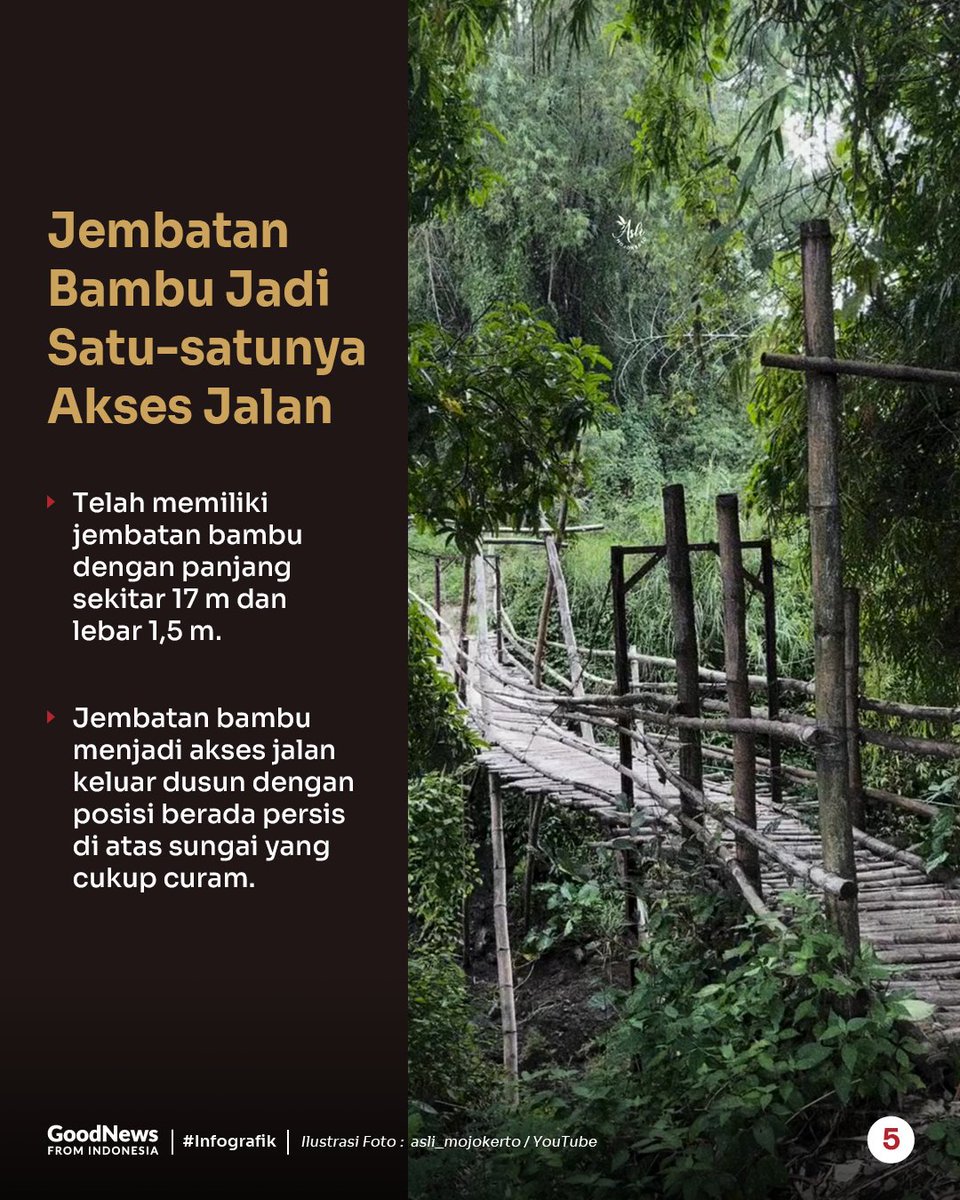 GNFI's tweet photo. Kholik berharap ada perhatian terkait akses menuju kampungnya, sehingga bermanfaat bagi masyarakat. Dia hanya ingin jembatan bambu itu dibangun dengan kerangka besi yang kuat dan tahan lama. 

Baginya tak masalah jembatan di atas Sungai Judek itu hanya bisa dilalui sepeda motor. Sebab Mojokoncot sudah terlanjur ditinggalkan penduduknya.

"Mohon pemerintah membantu besi untuk kerangka jembatan. Yang penting kerangkanya kuat. Panjang jembatan 17 meter, ketinggian 19 meter. Karena sekarang jembatan sudah goyang," jelasnya.

Bupati Mojokerto Ikfina Fahmawati berjanji akan segera menindaklanjuti keluhan penduduk Mojokoncot. Sebagai tahap awal, pihaknya akan melakukan asesmen terhadap jembatan Mojokoncot.

"Tentunya kami harus cek lokasi dulu ya terkait kondisinya, kemudian seberapa dampaknya terhadap masyarakat. Tentu tak kalah penting akses tersebut asetnya siapa. Harus kami cek dulu ya," tutupnya.