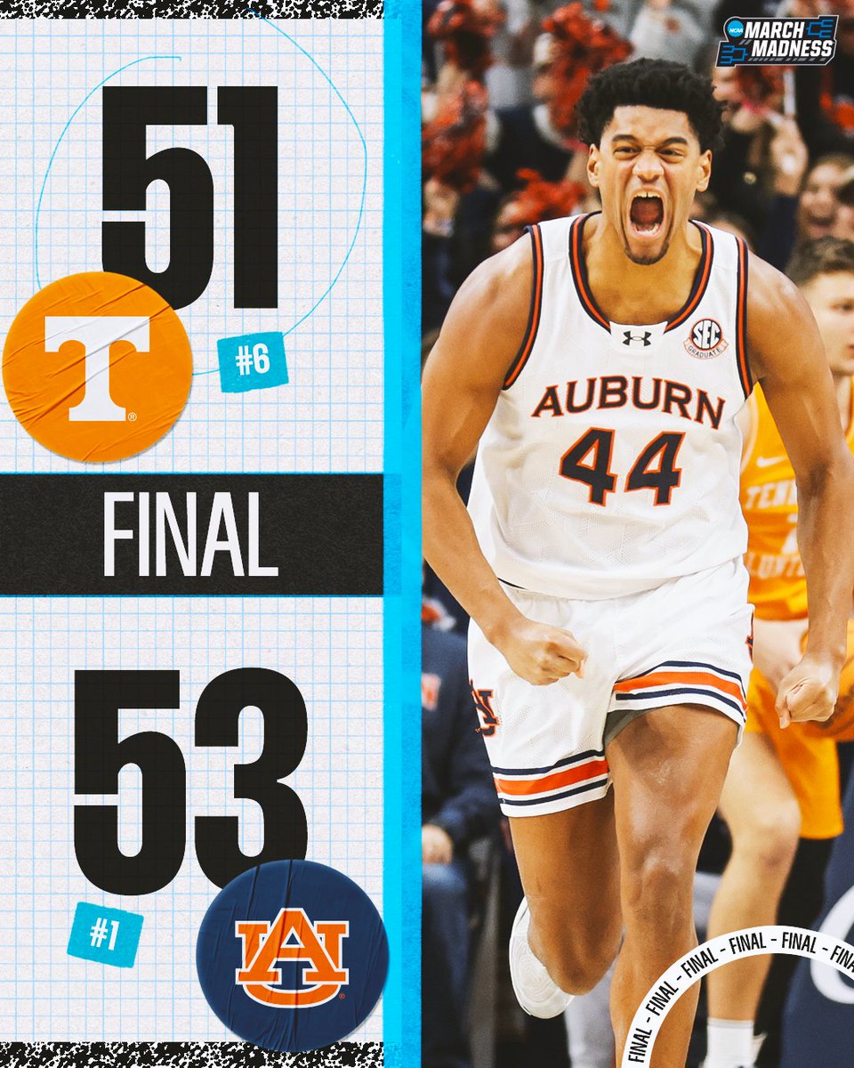 MarchMadnessMBB's tweet photo. NO. 1 AUBURN WINS A SLUGFEST AT HOME 😤

The Tigers come away with a dramatic late-game win over No. 6 Tennessee 🐅 https://t.co/XEhtxiB2cC