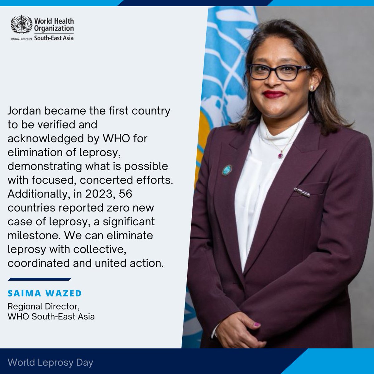 World Health Organization South-East Asia (@whosearo) on Twitter photo Did you know that #Jordan 🇯🇴 became the first country to be verified and acknowledged by <a href="/WHO/">World Health Organization (WHO)</a> for elimination of #leprosy? This demonstrates that elimination of leprosy is possible with focused and concerted efforts.
#WorldLeprosyDay #EndLeprosy Did you know that #Jordan 🇯🇴 became the first country to be verified and acknowledged by <a href="/WHO/">World Health Organization (WHO)</a> for elimination of #leprosy? This demonstrates that elimination of leprosy is possible with focused and concerted efforts.
#WorldLeprosyDay #EndLeprosy
