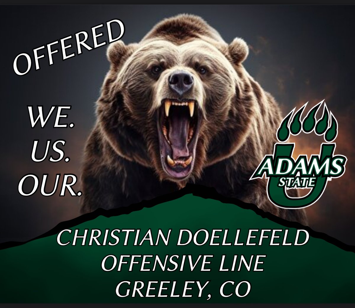 Christian Doellefeld (@cdoellefeld63) on Twitter photo Very fortunate to receive an offer from <a href="/asugrizz_fb/">Adams State Football</a> after my visit today. Thank you <a href="/CoachGallasASU/">Coach Levi Gallas</a> and <a href="/coacholney/">Coach Nic Olney</a>. #WeUsOur Very fortunate to receive an offer from <a href="/asugrizz_fb/">Adams State Football</a> after my visit today. Thank you <a href="/CoachGallasASU/">Coach Levi Gallas</a> and <a href="/coacholney/">Coach Nic Olney</a>. #WeUsOur