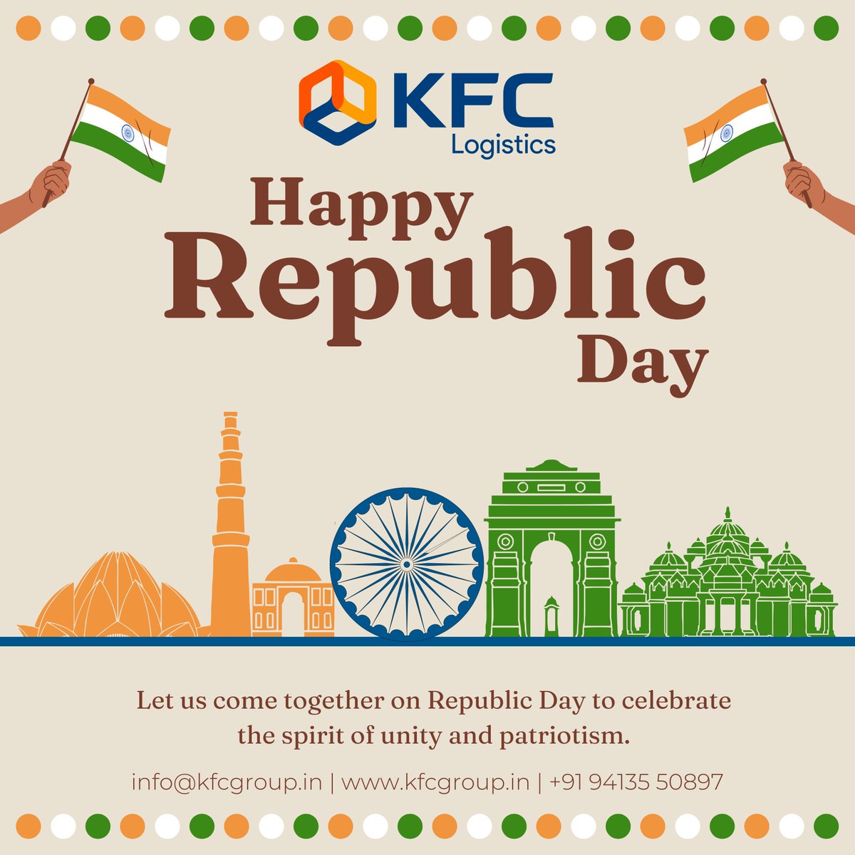 KFCLogistics's tweet photo. 🇮🇳 Happy Republic Day! 🇮🇳

Celebrating the spirit of unity and progress that drives our nation forward.

Proud to serve India with economical, speedy, safe, and secure logistics.

Jai Hind!
#RepublicDay #KirtaniFreightCarrier #LogisticsForIndia https://t.co/CIUFVJCxhs