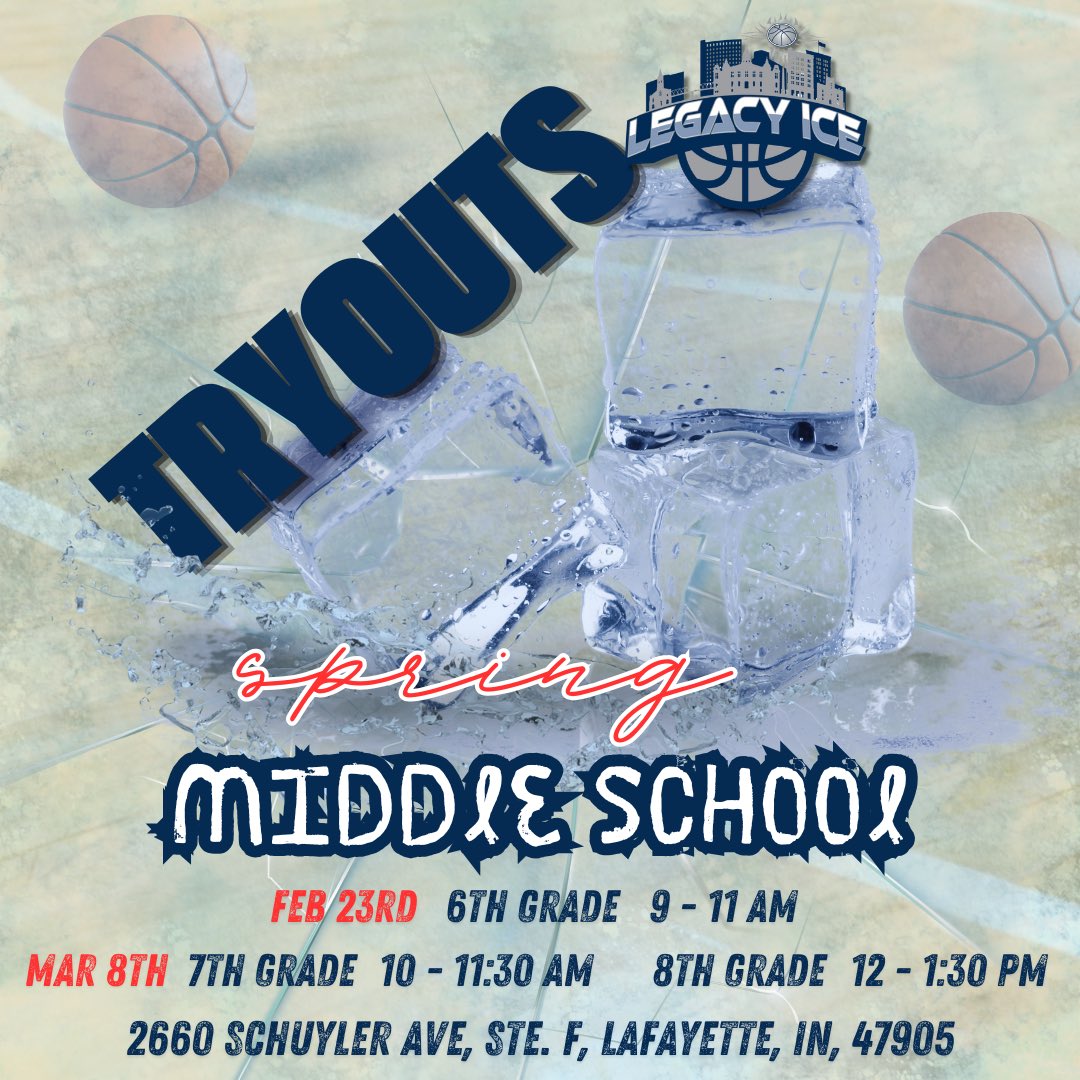 Legacy Courts- Boys and Girls AAU⛹️♂️⛹🏼♀️ (@legacycourts) on Twitter photo 🗣️TRYYYYOUTSSSSS‼️‼️
🔥3RD- 11TH Grade🔥
📅 Spots are filling fast, so don’t wait!
Tryouts- Girls Legacy Force:
legacycourts.leagueapps.com/clubteams/4281…
Tryouts- Boys Legacy Ice:
legacycourts.leagueapps.com/clubteams/4356…
Place: Legacy Courts, 2660 Schuyler Suite F, Lafayette IN 47905
#AAUBasketball 🗣️TRYYYYOUTSSSSS‼️‼️
🔥3RD- 11TH Grade🔥
📅 Spots are filling fast, so don’t wait!
Tryouts- Girls Legacy Force:
legacycourts.leagueapps.com/clubteams/4281…
Tryouts- Boys Legacy Ice:
legacycourts.leagueapps.com/clubteams/4356…
Place: Legacy Courts, 2660 Schuyler Suite F, Lafayette IN 47905
#AAUBasketball