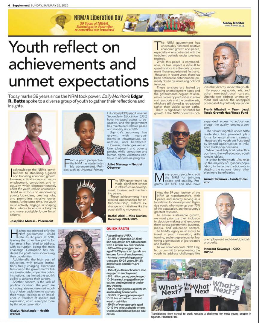 I'm pleased to share a brief comment in today's .<a href="/DailyMonitor/">Daily Monitor</a> about the NRM's 39 years of remarkable achievements in promoting peace, infrastructure development, and tourism. 

.<a href="/edgarbatte/">Edgar R. Batte</a> 
#LiberationDay
