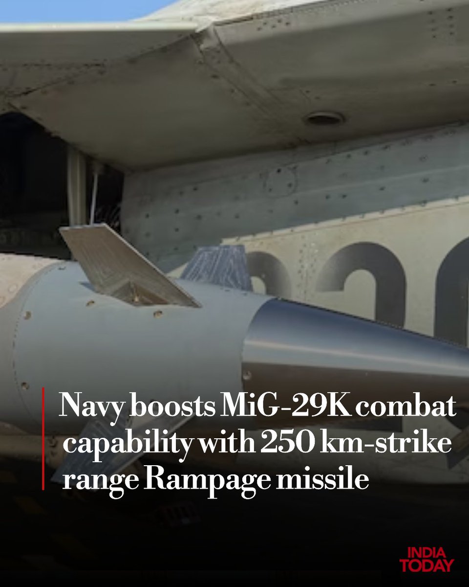 IndiaToday's tweet image. The induction of the air-to-ground Rampage missiles has further enhanced the firepower of Indian fighter jets, Navy officials said.

#IndianNavy #AirCraft #MiG29K 

indiatoday.in/india/story/in…