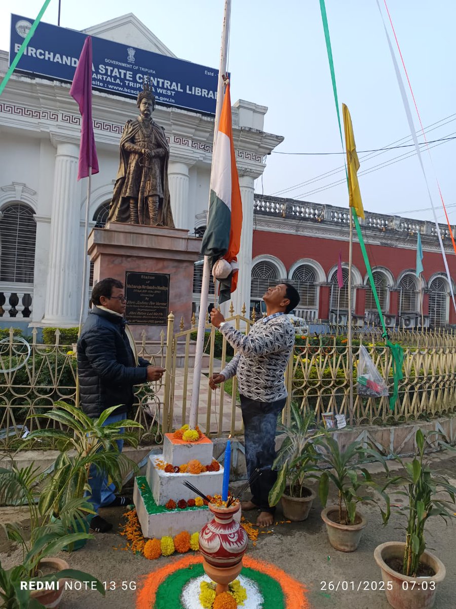 BirState's tweet photo. Program Name:- Observance of  Republic Day.
Date :-26/01/2025 , Time:-7:00 am.
Flag Hoisted By :- Dilip Kr Das, Head Librarian &amp; Head of Office.
Venue :- Bir Chandra State Central Library , Agartala, Tripura.
Organized by: Bir Chandra State Central Library (BCSCL)
#RepublicDay https://t.co/kVvaHG7RPr