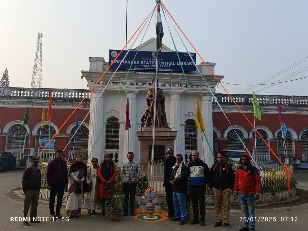 BirState's tweet photo. Program Name:- Observance of  Republic Day.
Date :-26/01/2025 , Time:-7:00 am.
Flag Hoisted By :- Dilip Kr Das, Head Librarian &amp; Head of Office.
Venue :- Bir Chandra State Central Library , Agartala, Tripura.
Organized by: Bir Chandra State Central Library (BCSCL)
#RepublicDay https://t.co/kVvaHG7RPr