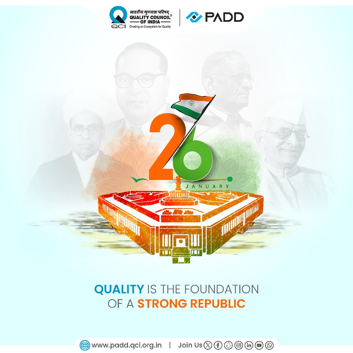 On this #RepublicDay, let’s reaffirm our commitment to a #ViksitBharat through excellence in quality standards and conformity assessments. Together, we ensure trust, reliability, and progress for a brighter future! 🇮🇳 #QualityForAll #PADDQCI