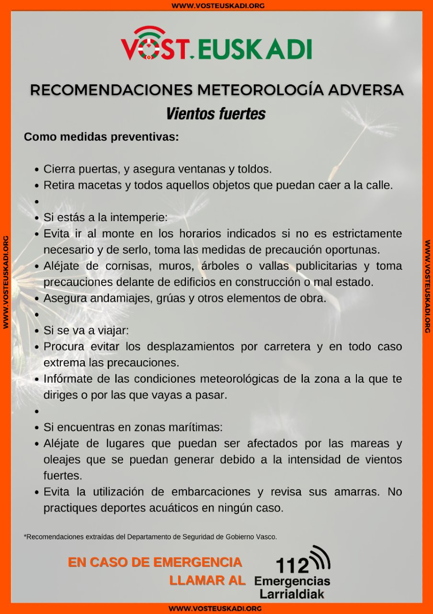ℹ️ Recomendaciones para reducir riesgos por la #alertanaranja por viento en zonas expuestas y no expuestas. 

☎️ En caso de emergencia, 1-1-2.

#AlertaLaranja #Abisuhoria #Haizea