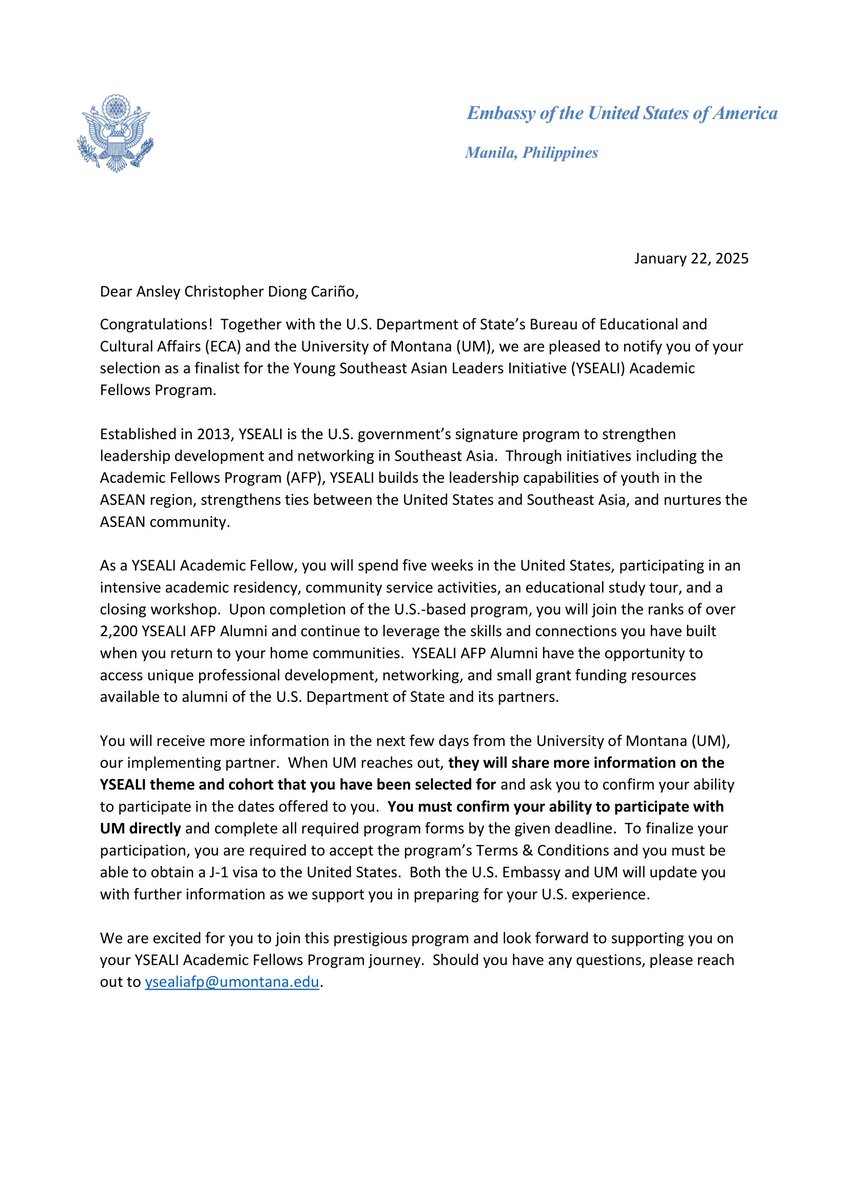 nslychrstphr's tweet photo. From Karuhatan, Valenzuela to USA!

I got accepted into the prestigious Young Southeast Asian Leaders Initiative (YSEALI) Academic Fellows Program. If everything falls into place, I’ll be in the US this spring, from April 17 to May 22, 2025. https://t.co/MfE2zqtRbt