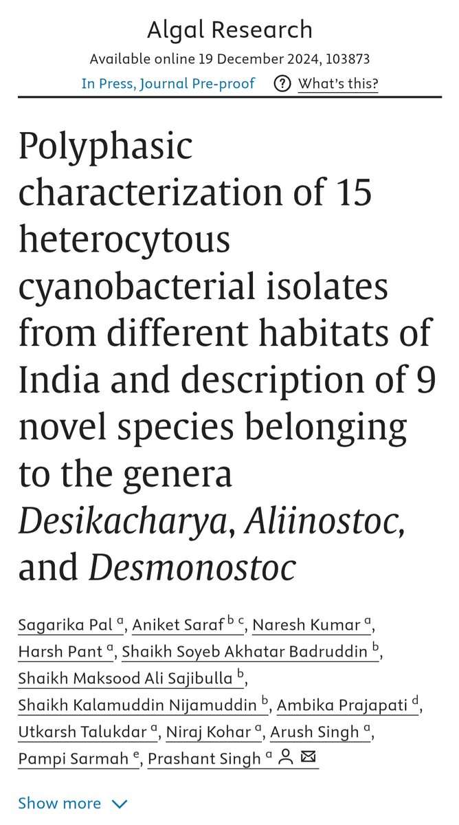 Prashant Singh (@prashantcyano) on Twitter photo Nine new species of #cyanobacteria
from #NorthEast & #pachmarhi. Congratulations <a href="/SagarikaPal9/">Dr. Sagarika Pal</a> <a href="/ImAniketSaraf/">Aniket Saraf</a> <a href="/NareshSaloch/">NARESH SALOCH</a> <a href="/Harsh_Cyano/">Harsh Pant</a> and our excellent dissertation students for aĺl efforts. Thanks <a href="/bhupro/">BHU Official</a> and serb for funding.
sciencedirect.com/science/articl… Nine new species of #cyanobacteria
from #NorthEast & #pachmarhi. Congratulations <a href="/SagarikaPal9/">Dr. Sagarika Pal</a> <a href="/ImAniketSaraf/">Aniket Saraf</a> <a href="/NareshSaloch/">NARESH SALOCH</a> <a href="/Harsh_Cyano/">Harsh Pant</a> and our excellent dissertation students for aĺl efforts. Thanks <a href="/bhupro/">BHU Official</a> and serb for funding.
sciencedirect.com/science/articl…