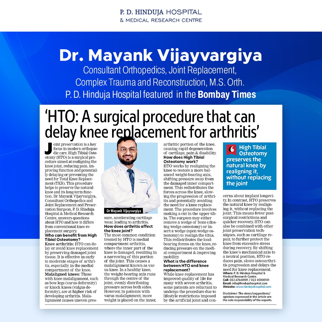 HospitalHinduja's tweet photo. Delay knee replacement with expert care!
Dr. Mayank Vijayvargiya, Consultant Orthopedics, Joint Replacement, Complex Trauma and Reconstruction, M.S. Orth - explains the HTO surgical procedure, who can benefit, and how it preserves joint health.
#PDHH #QualityHealthcareForAll https://t.co/0KGaEei7aJ