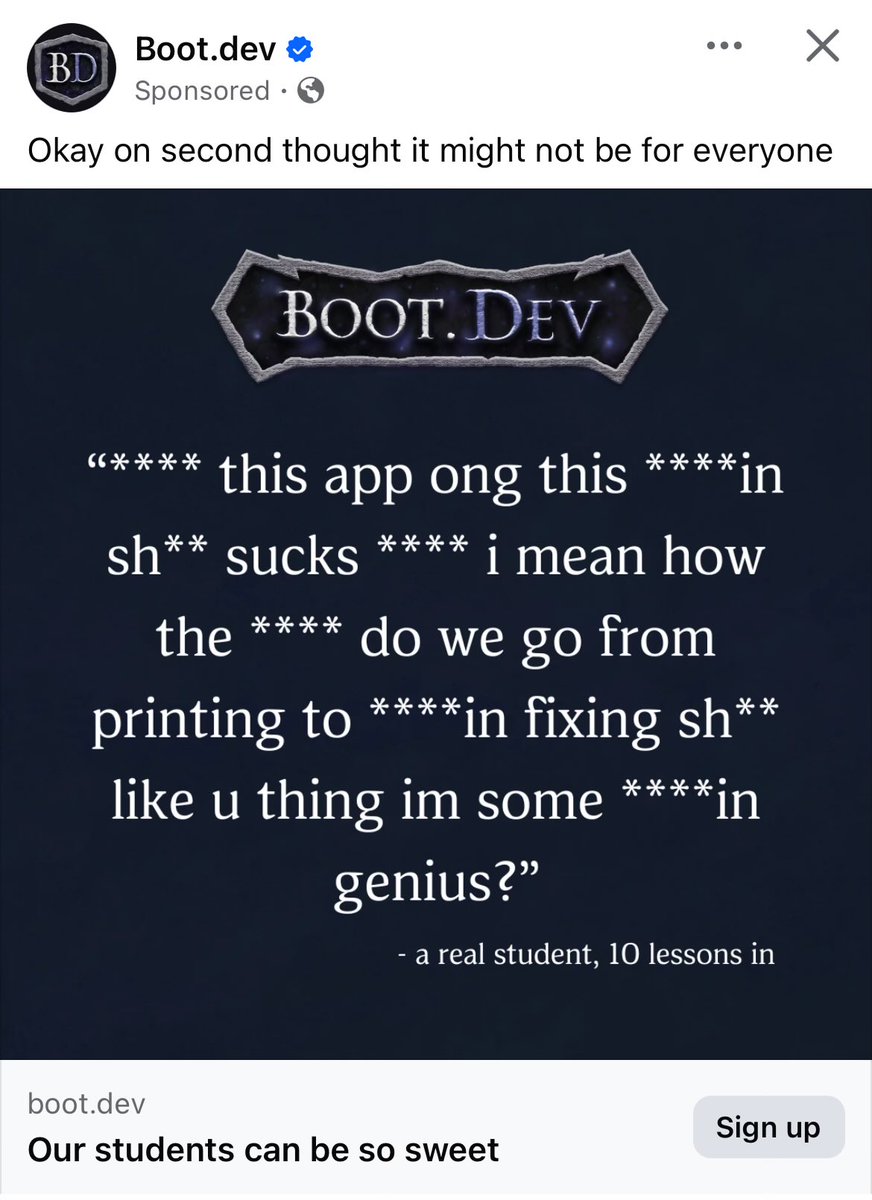 This Boot.dev ad is a freakin gem and I will always giggle whenever it comes up no matter how many times I can see it in a single day