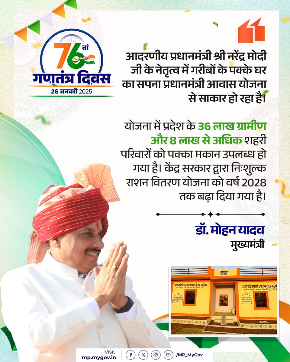 MP_MyGov's tweet photo. आदरणीय प्रधानमंत्री श्री @narendramodi जी के नेतृत्व में गरीबों के पक्के घर का सपना प्रधानमंत्री आवास योजना से साकार हो रहा है।
- डॉ. मोहन यादव, मुख्यमंत्री
@DrMohanYadav51
@CMMadhyaPradesh
#RepblicDay #RepublicDayIndia #गणतंत्र_दिवस_2025 #RepublicDay2025 #MadhyaPradesh https://t.co/58uuDoioRy