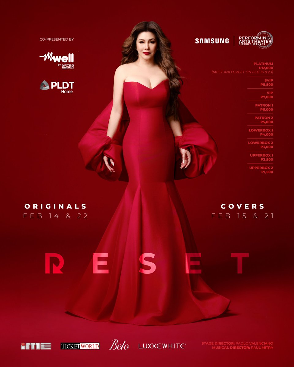 cacaimitra's tweet photo. R E S E T 
ORIGINALS Feb 14 & 22

R E S E T  
COVERS Feb 15 & 21

at @cpatofficial

Meet & Greet: 
Feb 14 & 15 shows will be 
on Feb 16  / 3pm
Feb 21 & 22 shows will be on
Feb 23 / 3pm
at the venue 

Tickets available at https://t.co/mwhmmIKFGi

Stage Director:  @paolovalenciano
Musical Director:  @Raulmitra

Photographed by @dookieducay
Creative direction by @eugene_david 
Styled by @vstyleteam
Outfit: @michaelleyva
Hair by @jonathanvelasco_
at @cpatofficial