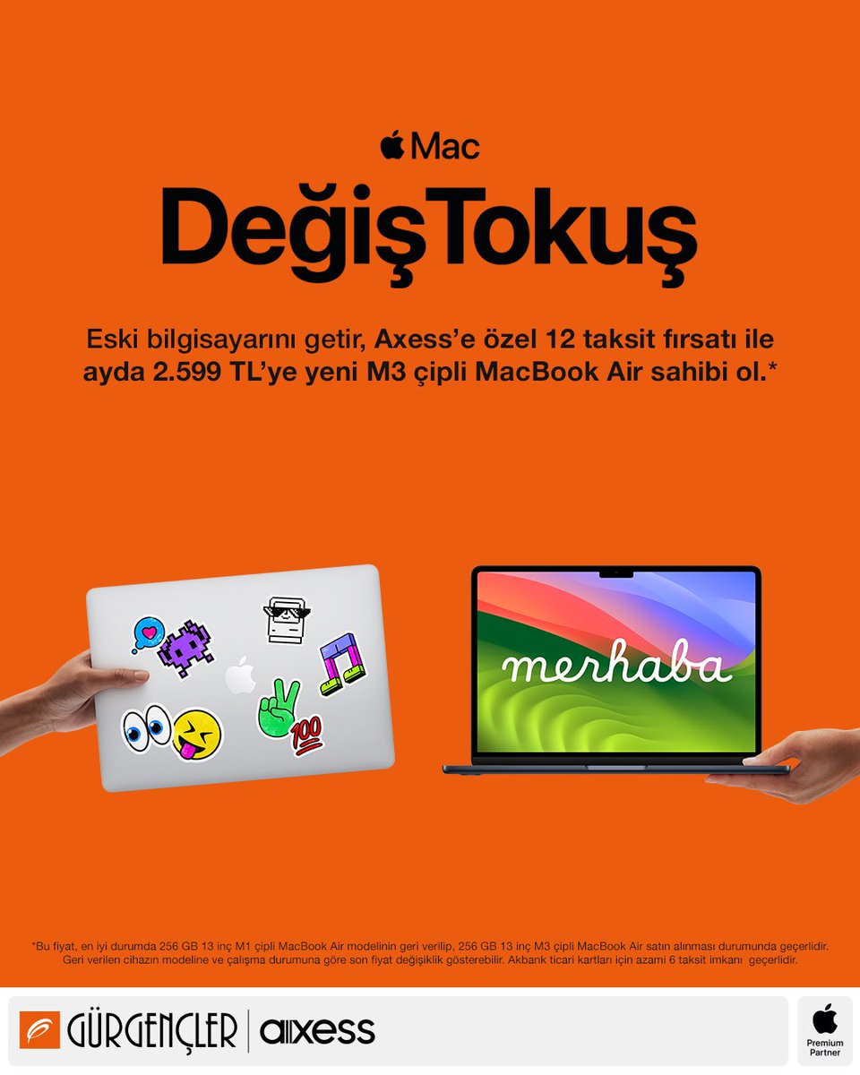 M3. Kışkırtıcı güç. 💻

Eski bilgisayarını getir, Axess’e özel 12 taksit fırsatı ile ayda 2.599 TL’ye yeni M3 çipli MacBook Air sahibi ol. 🌟
 
*Bu fiyat, en iyi durumda 256 GB 13 inç M1 çipli MacBook Air modelinin geri verilip, 256 GB 13 inç M3 çipli MacBook Air satın alınması