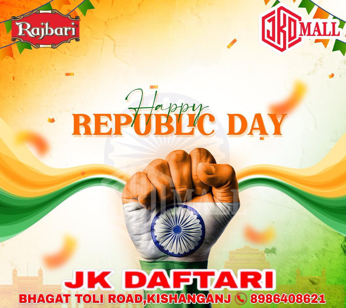 JkdMall's tweet photo. “Let’s celebrate the pride of being part of this great nation on Republic Day! 🇮🇳
Wishing everyone peace, prosperity, and unity.
Happy Republic Day! Jai Hind!
#RepublicDay #IndiaPride #UnityInDiversity #JaiHind #CelebratingFreedom” https://t.co/TxFF68zSsm