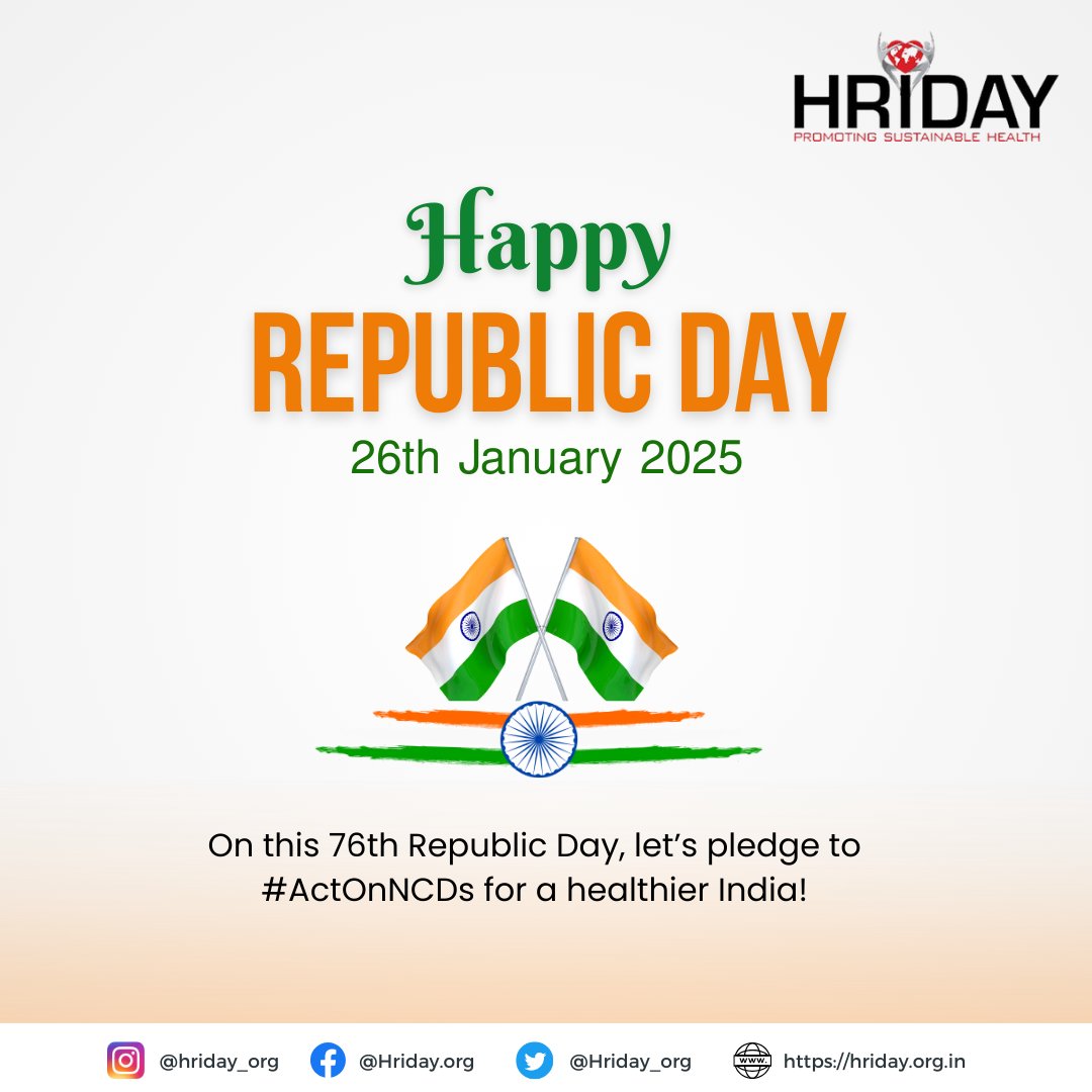 HRIDAY (@hriday_org) on Twitter photo Happy #76thRepublicDay to all.
Together, we can #ActOnNCDs for a healthier India!
#India #RepublicDayIndia #ActOnNCDs #LeadOnNCDs
<a href="/MoHFW_INDIA/">Ministry of Health</a> <a href="/ICMRDELHI/">ICMR</a> <a href="/UNICEFIndia/">UNICEF India</a> <a href="/HIA_NCD/">Healthy India Alliance</a> Happy #76thRepublicDay to all.
Together, we can #ActOnNCDs for a healthier India!
#India #RepublicDayIndia #ActOnNCDs #LeadOnNCDs
<a href="/MoHFW_INDIA/">Ministry of Health</a> <a href="/ICMRDELHI/">ICMR</a> <a href="/UNICEFIndia/">UNICEF India</a> <a href="/HIA_NCD/">Healthy India Alliance</a>